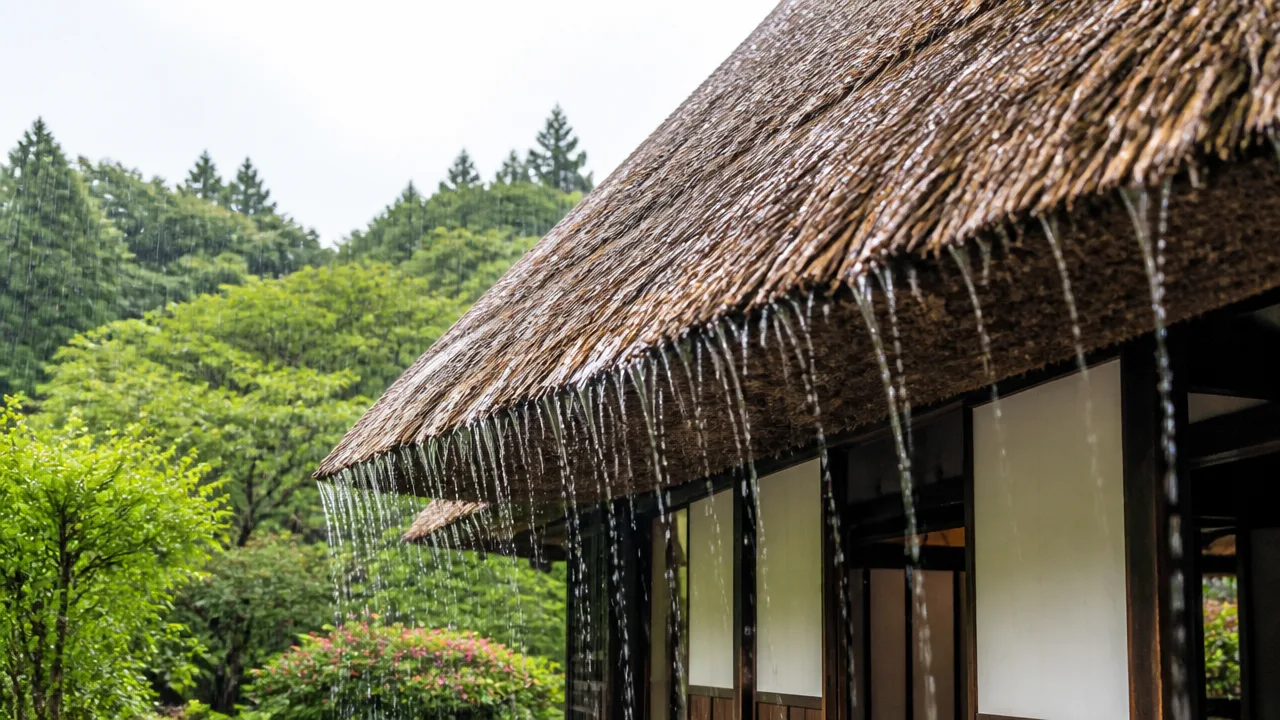 かやぶきの屋根は大雨の時に雨が漏れたりしないのか?仕組みを解説