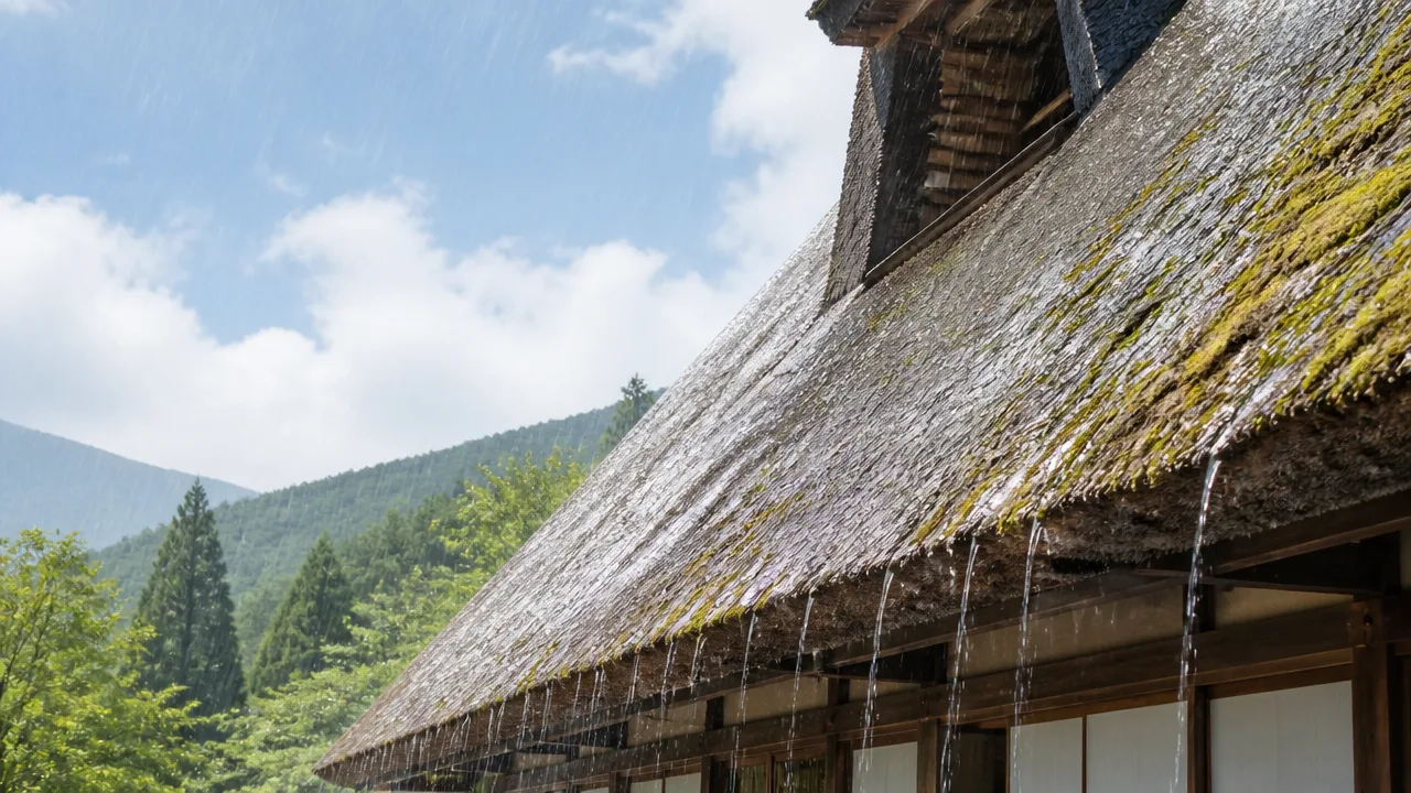 かやぶきの屋根は大雨の時に雨が漏れたりしないのか?仕組みを解説