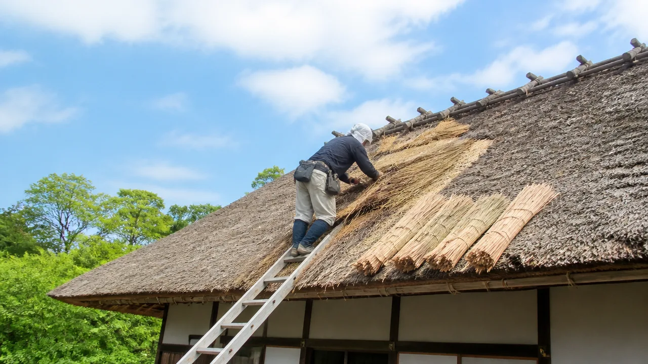 かやぶきの屋根は大雨の時に雨が漏れたりしないのか?仕組みを解説