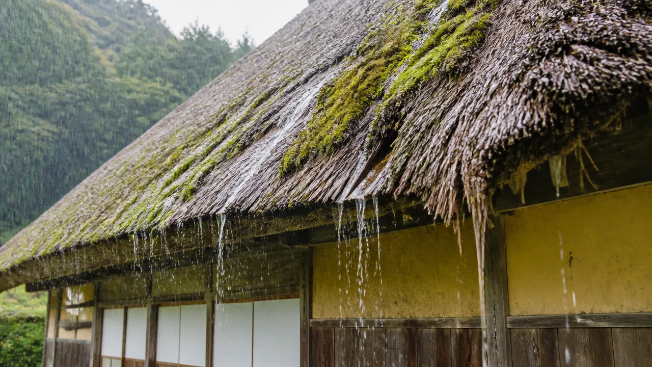 かやぶきの屋根は大雨の時に雨が漏れたりしないのか?仕組みを解説