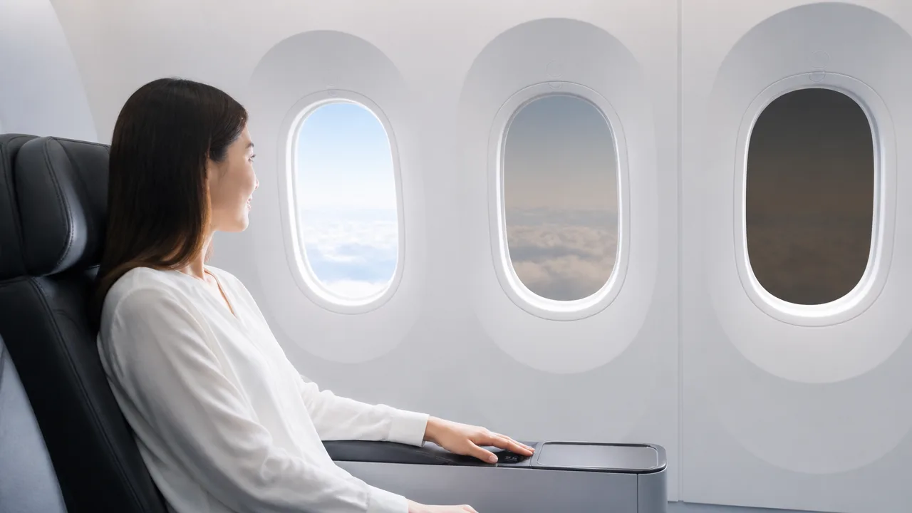 飛行機の窓がボタンで暗くなる仕組みは?電子シェードの原理を解説