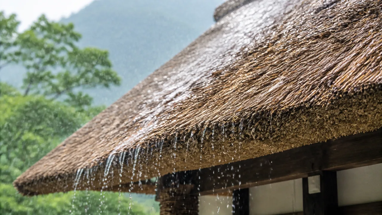 かやぶきの屋根は大雨の時に雨が漏れたりしないのか?仕組みを解説