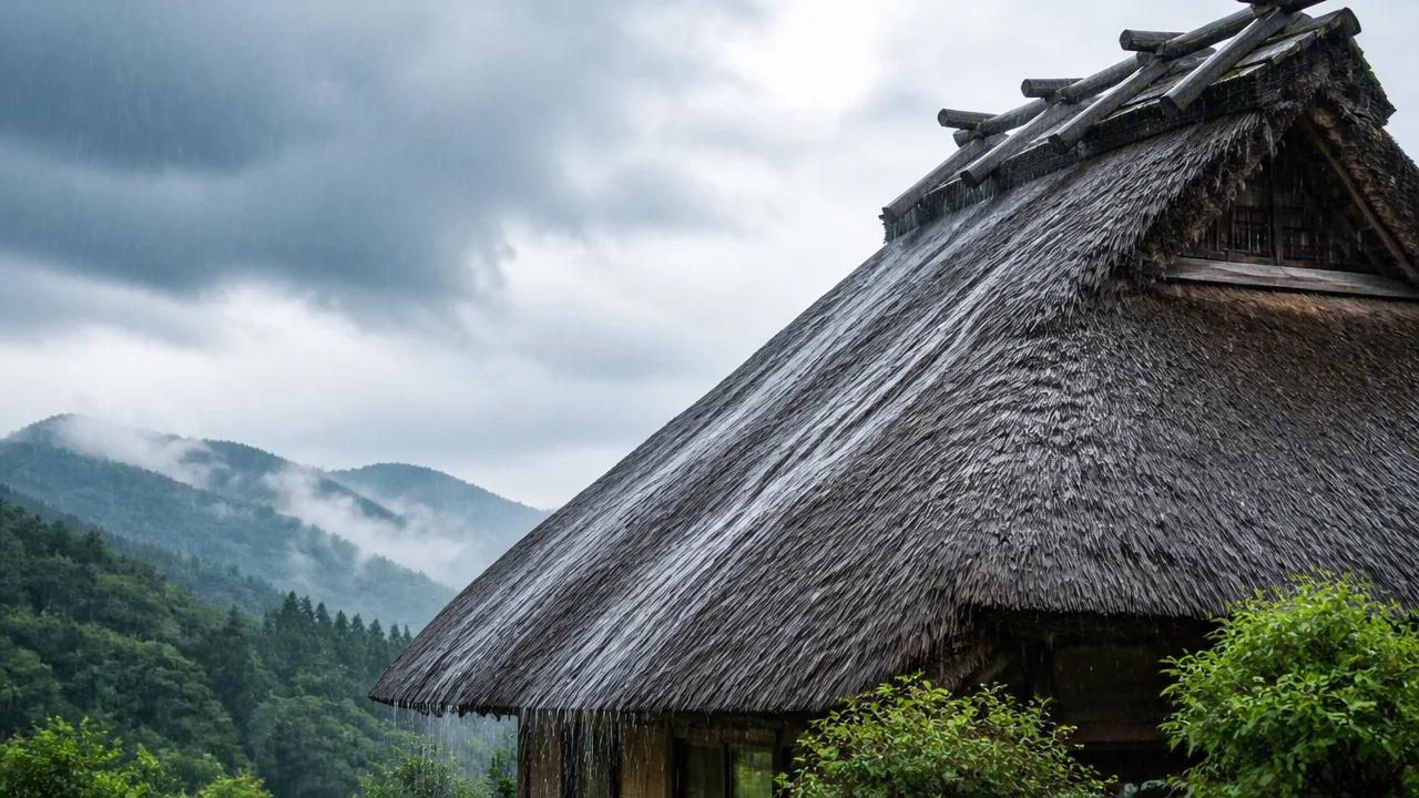 かやぶきの屋根は大雨の時に雨が漏れたりしないのか?仕組みを解説